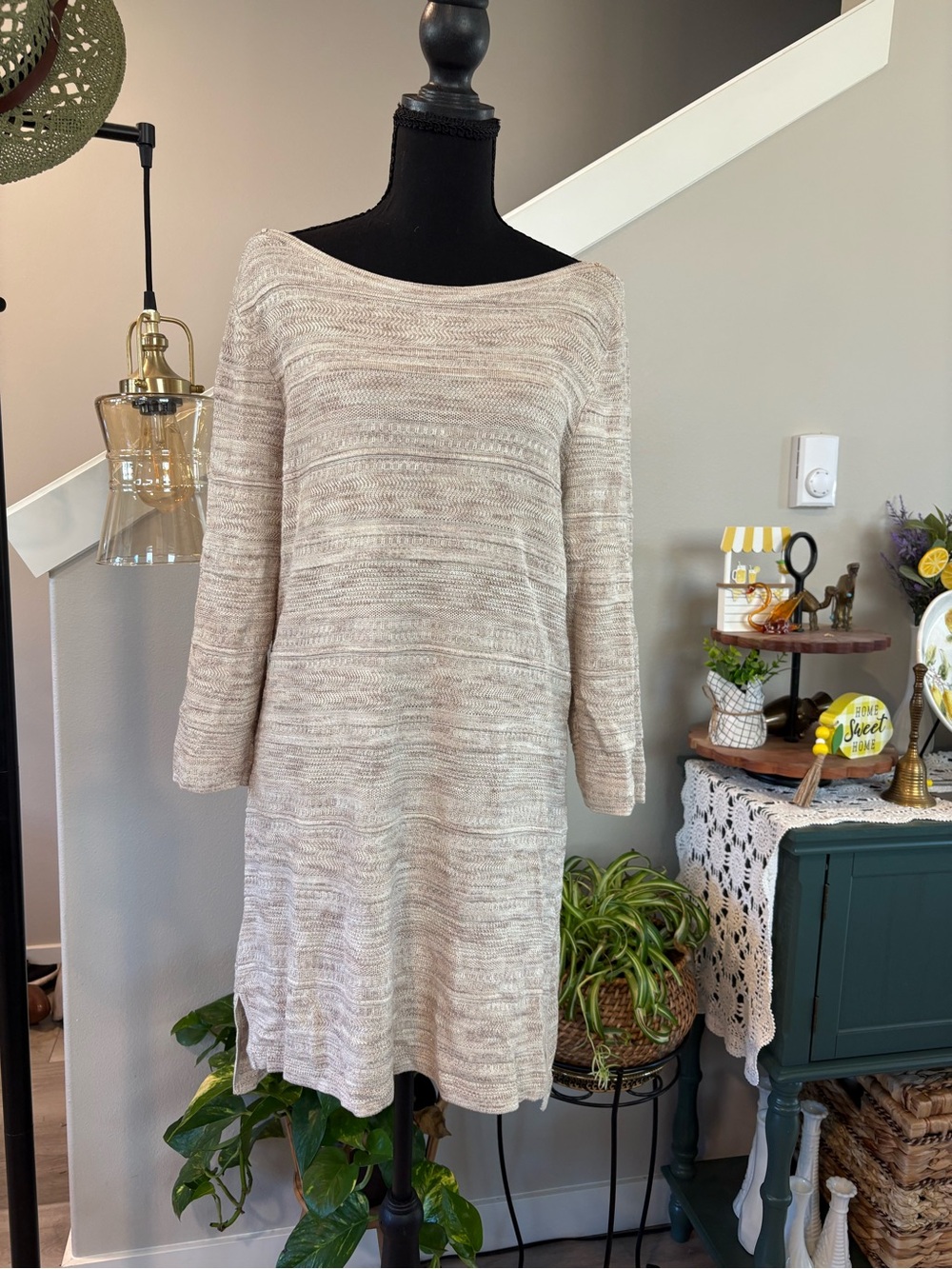 White House Black Market Neutral Beige Boatneck Knit Dress